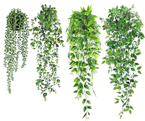 USLAI Artificial Hanging Plants Vine, Fake Potted Greenery Faux Eucalyptus, Mandala, String of Pearls, Pea Pod Leaves in Pot for Office Living Room Bathroom Indoor Outdoor Décor (4 Pack) - size: 4 Pack
