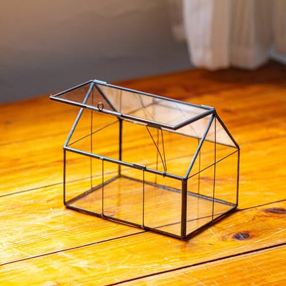 NCYP Mini Glass Terrarium with Lid - 6.1" x 4.25" x 4.92" House Shape Closed Planter for Mini Cactus, Succulents Plant, Moss - Home Garden Office Tabletop Geometric Decor, Black (Terrarium Only) - size: 6.1x4.25x4.92 inches