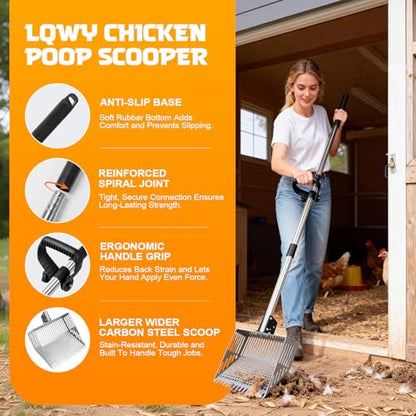 Adjustable Chicken Poop Scooper, 24-70" 4-in-1 Sifting Rake & Shovel, Stainless Steel Cleaner for Chicken Coop, Goat Stall, Rabbit Hutch, Pet Waste Large