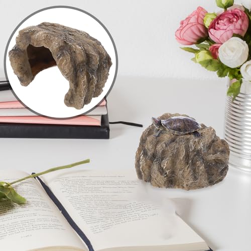 Reptile Cave Hideout Resin Rock Shelter with Ramp Platform for Turtle Tank and Bearded Dragon Enclosure Ornament, Natural Decoration for Reptile Hiding and Basking