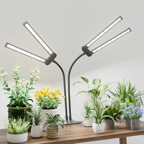 LED Grow Light,Super Bright 6000K White Full Spectrum Clip Plant Growing Lamp with Rotatable Dual Head for Indoor Desk Plants,Dimmable & Timer 4/8/12H,High Power Output for Faster Growth,2-Head - size: 2 Tube