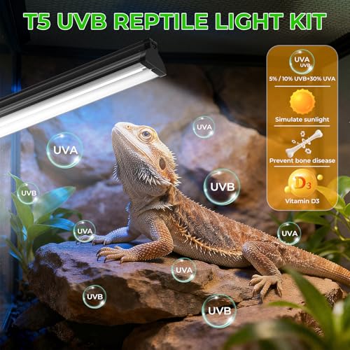 Lustaled 22’’ 24W T5 UVB Reptile Light Combo Kit Switchable UVB 5.0, 10.0 | for Tropical & Desert Reptiles, Reptile Lamp Terrarium Hood UVB Light for Bearded Dragon, Lizards, Snake, Chameleon, Turtle
