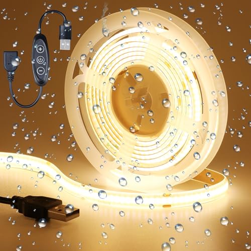 DC 5V USB COB LED Strip Light Warm White 3000K Dimmable IP65 Waterproof CRI 93+ USB Powered 6.6ft/2M 640LEDs High Brightness Flexible LED Tape Lights - color: Warm White