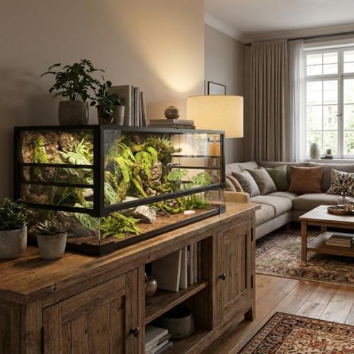 Reptile Tank, Front Opening Reptile Enclosure Terrarium with Sliding Doors, Top Ventilation, Stackable Black Cage for Lizards Tortoise Snake (67 Gallon, Rectangular) - size: 67 Gallon