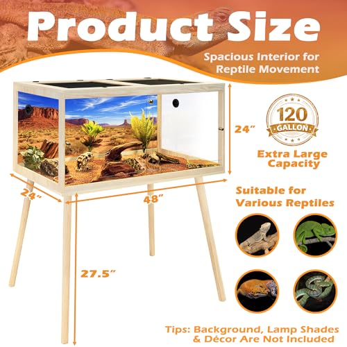 PROLEE 120 Gallon Bearded Dragon Tank with Leg Sand, 4x2x2 Reptile Enclosure with Tempered Glass Sliding Doors, Lockable Front Opening and Metal Mesh Top, Large Terrarium for Lizards and Snakes, Oak - color: Oak