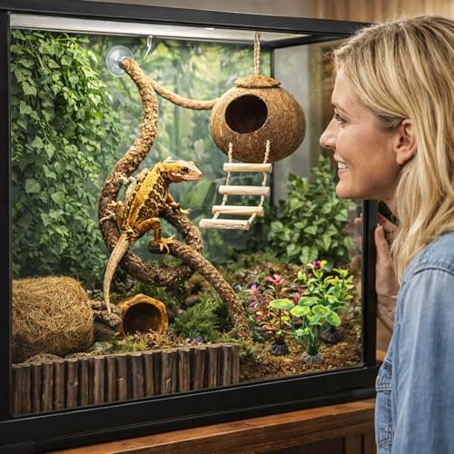 HERCOCCI Crested Gecko Tank Accessories, Reptile Hanging Plants Vines with Coconut Shell Ladder Hideout Hermit Crab Decor for Lizard, Chameleon Cage, Snakes, Hermit Crab, Leopard Gecko