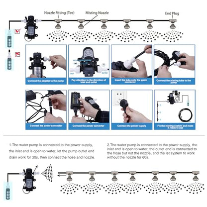 Fogland Pump Misting System: Outdoor Misting System 49ft Misting Cooling System with 16pcs 0.016" Orifice Thread Stainless Steel Misting Nozzle for Patio Garden Backyard - size: 0.016" Orifice/49FT with 12V Pump