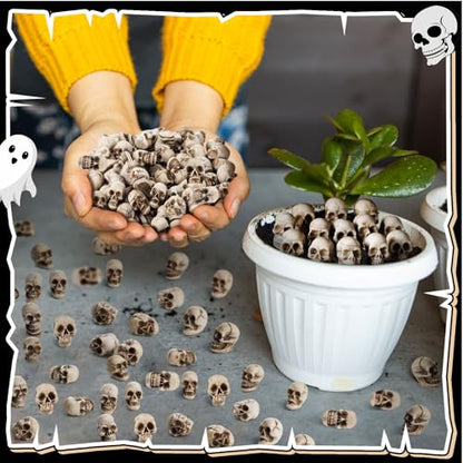 Arrowbash 100 Pcs Mini Skull Figurines Bulk Small Halloween Skeleton Head Statues Miniature Resin Skull Decoration Realistic Fake Human Skeleton Head Figure for Halloween Party Favors Home Table Decor - style: Skull