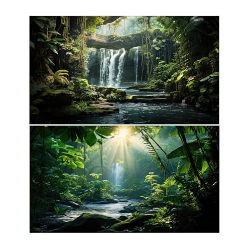 2 Packs Tropical Waterfall Aquarium Background Jungle Rainforest Fish Tank Background Rock Moss Flowing Stream Green Trees Plants Stone Bridge Cascading Falls Reptile Tank Backgrounds Poster 24x12in - color: Dark_Green, size: 24(W)x12(H)inches/ 60(W)*30cm
