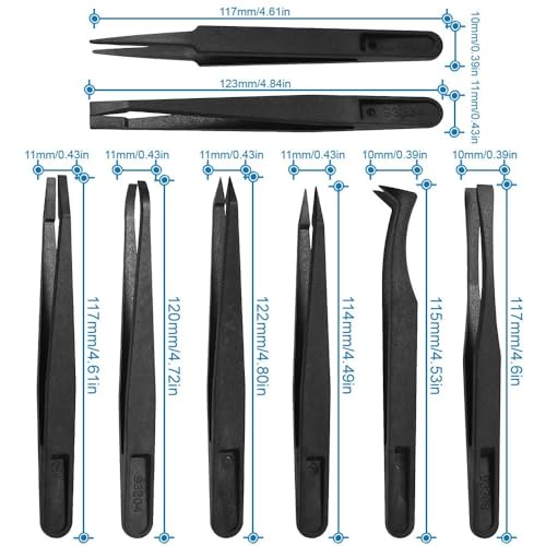 MMOBIEL 16-Piece Anti-Static Plastic Precision Tweezers Set, Tweezers with Pointed Flat Tip/Curved Tips, Tweezers for Electronics, Jewellery Making, Laboratory Work, Black - size: 16x