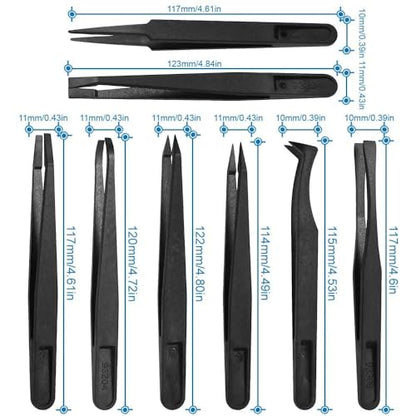 MMOBIEL 16-Piece Anti-Static Plastic Precision Tweezers Set, Tweezers with Pointed Flat Tip/Curved Tips, Tweezers for Electronics, Jewellery Making, Laboratory Work, Black - size: 16x