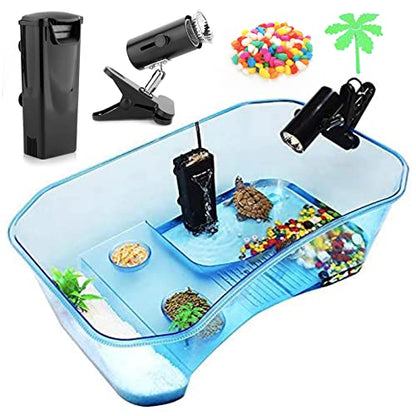 Turtle Tank with Multi-Function Areas, Easy Assembly, Ideal for Small Turtles & Reptiles, Includes Plastic Tree & Fishing Net - color: blue+pump light