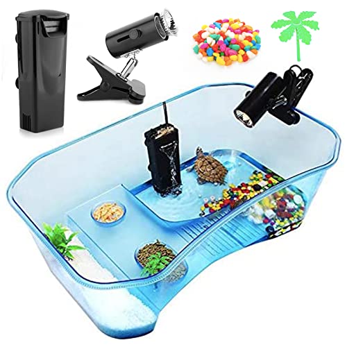 Turtle Tank with Multi-Function Areas, Easy Assembly, Ideal for Small Turtles & Reptiles, Includes Plastic Tree & Fishing Net - color: blue+pump light
