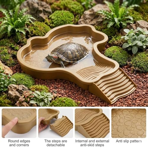 Large Turtle Water Bowl, Reptile Bathing Pool Tortoise Water Dish Bearded | Dragon Water Fountain Non-Slip Reptile Food Dish for Tortoise Gecko Lizard Snake Terrarium Habitat (Brown)