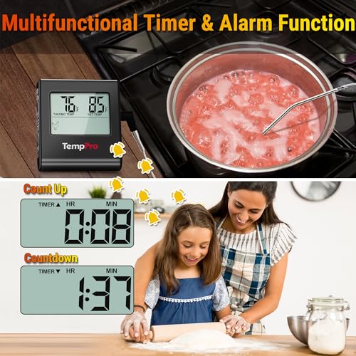 TempPro TP16 Large LCD Digital Meat Thermometer for Cooking, Smoking, Grilling, BBQ Food Temperature Indicator with Clock Timer and Stainless Steel Probe, Black(Previously ThermoPro) - color: Pure Black