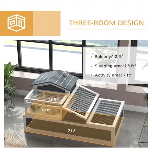 Sturdy Spacious Durable Secure Premium Robust Wooden 3-Room 2 Stories Tortoise Habitat with Balcony 44x25.5x23 Overall Dimensions Gray
