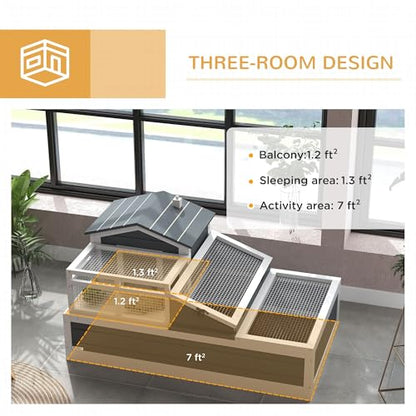 Robust Spacious Strong Durable Secure Premium Wooden 3-Room 2 Stories Tortoise Habitat with Balcony 44x25.5x23 Overall Dimensions Gray
