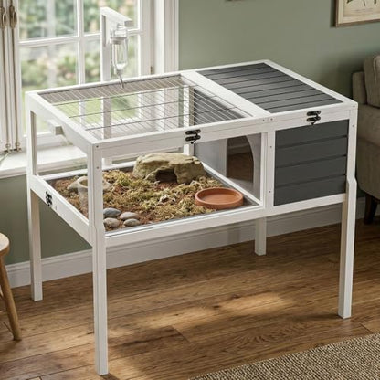 Wooden Tortoise Habitat Indoor Outdoor, 2-Story Tortoise House with Balcony & Storage Shelf, Large Turtle Enclosure Reptile Cage for Small Animals, Weatherproof Design, Gray