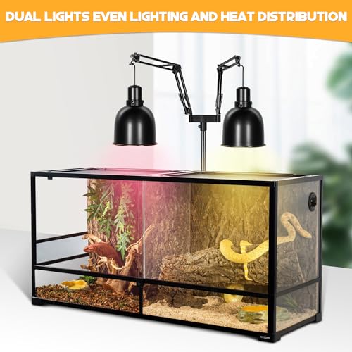 Enhon Reptile Heat Lamp Stand, Dual Reptile Light Stand with Two Flexible Brackets, Adjustable Heat Lamp Stand (15.7-74.3inch) with 360° Swing Arm and Anti tip Clip for Bearded Dragon Turtles Snake