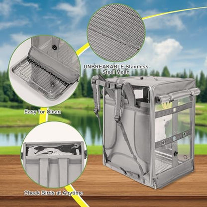 Bird Carrier Travel Cage, Cockatoo Carrier, Parrot Travel Backpack with Unbreakable Stainless Steel Mesh, Perch, Water Bottle and Food Bowl, X-Large Grey - color: Grey, size: 17.5"L x 14.8"W x 23.6"H