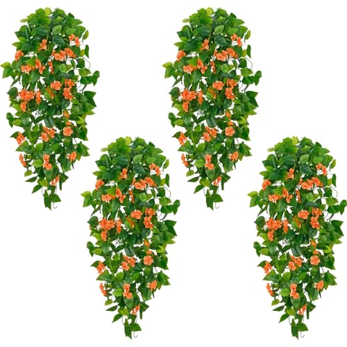 BLEUM CADE Artificial Hanging Flowers for Outdoors, 4pcs Fake Hanging Plants Pothos Vines with Orange Flowers for Wall Home Living Room Indoor Outdoor Fall Decor (No Baskets) - color: Vines With Flowers - Orange, size: 4pcs
