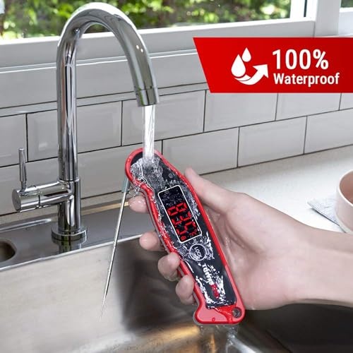 TempPro TP19 Waterproof Digital Meat Thermometer for Grilling with Ambidextrous Backlit & Thermocouple Instant Read Kitchen Cooking Food Thermometer for Candy Oil BBQ Smoker (Previously ThermoPro) - color: Bright Red