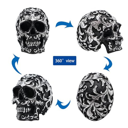 Gothic Skull Home Decor - Realistic Skeleton Skull Head Statue, Halloween Resin Skull Figurine with Silver Designs, 3.62 Inch Fake Skull for Decorations, Party, Home, Desk Skull Head Decor