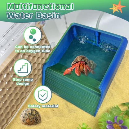 Hermit Crab Water Bowl with Climbing Ramp, Reptile Feeding Water Dish Tank Accessories, Suitable for Hermit Crab Bearded Dragon Lizard Tortoise Frog Gecko (Navy Blue)