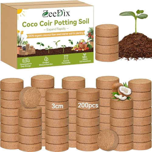 ZeeDix 200 Pack 30mm Organic Coco Coir Seed Starter Pellets, Compressed Coconut Fiber Seed Starter Soil Discs Potting Soil Mix for Indoor Outdoor Plants, Herbs Houseplants Bonsai Vegetables Flowers - color: 200 Pack, size: 30mm