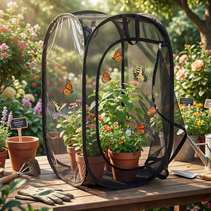 2 Pcs 30 Inch Large Butterfly Habitat Cage Giant Collapsible Insect Monarch Collapsible Heavy Duty Mesh Cage Enclosure Terrarium Pop-up with Zipper Protection, 15 x 15 x 30 Inches