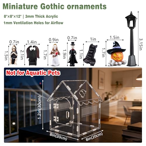 24-in-1 Jumping Spider Enclosure Kit, Acrylic Arboreal Terrarium with Magnetic Door & Feeding Hole, Complete Accessories for Tarantula Mantis Reptile Isopod, 8"x8"x12" (Gothic Style)
