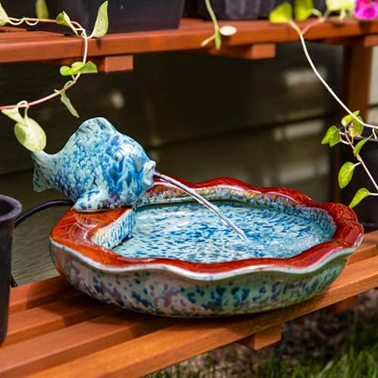 Sunnydaze Glazed Ceramic Fish 7-Inch Outdoor Garden Fountain - Outdoor Tabletop Fountain for Patio, Deck, Garden - Aqua and Brown