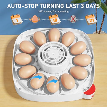 Sailnovo 12 Egg Incubator with Automatic Egg Turning and Humidity Display, Built-in Candler & 360° View Window, Manual & Preset Modes for Hatching Chicken Duck Quail Eggs Home Classroom Lab