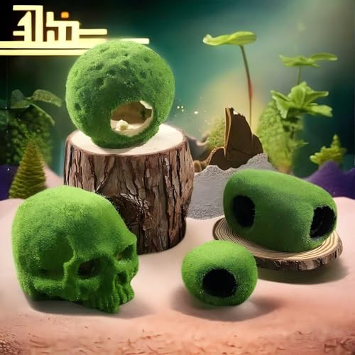 Realistic Mossy Skull Terrarium Ornament - 4.5" Reptile Habitat Decor for Gecko, Spider, Lizard Enclosure