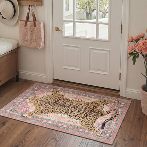 Bavni 2x3 Leopard Rug, Machine Washable Cheetah Door Mat,Soft Animal Small Boho Rugs Non Slip Low Pile Non-Shedding Throw Indoor Print Woodland Jungle Carpet for Entryway Front Door Bathroom,Pink - color: Leopard/Pink, size: 2'x3'