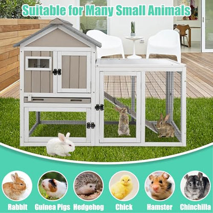 Gowoodhut 46.5" L Rabbit Hutch Indoor Outdoor Rabbit Cage with Run, Pull Out Tray, Asphalt Roof Large 2 Story Bunny Hutch Wooden Chicken Coop Guinea Pigs Pet House Cage for Small Animals,Grey - size: PET31NEW