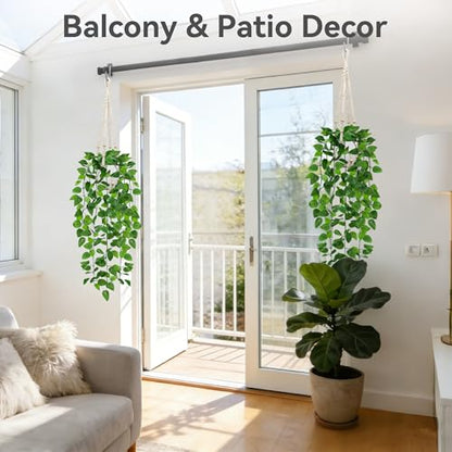 USLAI Fake Hanging Plant, Artificial Pothos Vines Greenery with Pot and Macrame Plant Hanger for Indoor Outdoor Boho Decor - size: 2 Pack