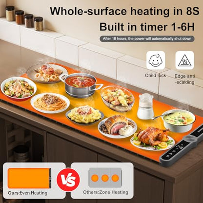 Extra Large Warming Mat for Food XXL:40”X15” Electronic Food Warmers for Parties Buffet Silicone Warming Tray 6-Level Timer 9-Level Temp18H Auto-Off 8Sec Fast Heating Roll Up Portable Grey - size: Grey-XXL 15*40in