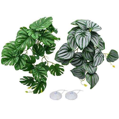 Reptile Plants Terrarium Decor, Artificial Fake Plants for Bearded Dragon, Leopard Gecko, Snake, Crested, Ball Python Tank (Monstera & Watermelon Leaf (with Suction Cups)) - color: Monstera & Watermelon Leaf (With Suction Cups)
