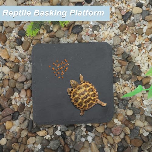 Reptile Basking Platform, Square Tortoise Habitat Slate, Turtle Feeding Slate, Habitat Decor Accessories for Crested Gecko Lizard, Gray Black