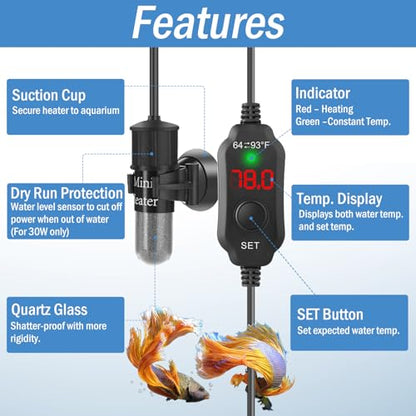 Super Mini Aquarium Heater 30W Betta Heater for 4-6 Gallon Tanks, Small Fish Tank Heater Turtle Heater with Dry-Run/Overheat Protection, Memory Function - size: For Tanks ≤ 6 Gal