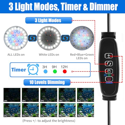 AQUANEAT Clip on Aquarium Light for up to 5 Gal Fish Tank, Auto On Off with Timer, Dimmable Small Fish Tank Light USB for Nano Tank (Large with Timer & Dimmer) - size: Large with Timer & Dimmer