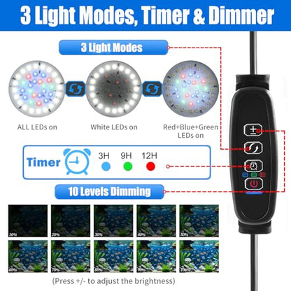 AQUANEAT Clip on Aquarium Light for up to 5 Gal Fish Tank, Auto On Off with Timer, Dimmable Small Fish Tank Light USB for Nano Tank (Large with Timer & Dimmer) - size: Large with Timer & Dimmer