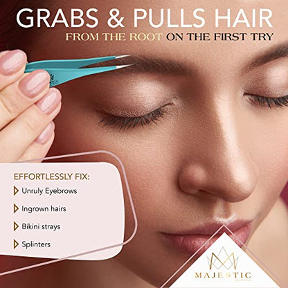 Majestic Bombay Fine Point Tweezers for Women and Men – Splinter Ticks, Facial, Brow and Ingrown Hair Removal–Sharp, Needle Nose, Surgical Tweezers Precision Pluckers best tweezers for chin hair - color: Teal Blue