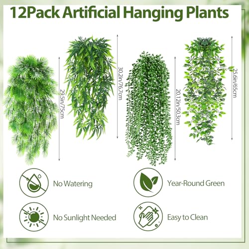 Daifunli 12 Pcs Artificial Hanging Plants Fake Hanging Ferns Plastic Fake Plant for Wall Room Garden Garland Indoor Outdoor Decor No Basket (Palm,Mandala,String of Pearls,Maple Leaf) - style: Palm, Mandala, String of Pearls, Maple Leaf