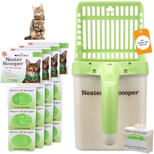 Neater Pet Brands Neater Scooper Standard Cat Litter Scoop, 195 Refill Bags – Mess-Free Cat Litter Scooper with Bag, Spill-Proof Kitty Box Sifter, Bin Doubles as Scoop Holder, For Single-Cat Household - color: Green, size: Standard - 195 Bags