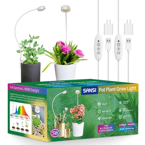 SANSI Grow Lights for Indoor Plants, ETL Listed Pot Clip LED Plant Lights for Indoor Growing, Full Spectrum, 4-Level Dimmable, Auto On Off 3 6 12 Hrs Timer for Small Plants, Garden White 5V 2-Pack - size: 2-Pack