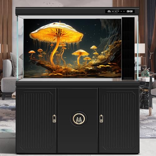 Fantasy Mushrooms Aquarium Background Fantasy Mushroom in Magical Enchanted Fairy Tale Stream Reptile Tank Enclosure Terrarium Backgrounds Mushroom Theme Landscape Fish Tank Backgrounds 24x12in - color: Yellow, size: 24(W)x12(H)in