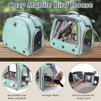 Bird Carrier Parrot Travel Cage with Perch, Food Bowl, Tray and Breathable Clear Window, Bird Travel Bag for African Gray Cockatiel Caique Conure Quaker, for Vetting Camping Hiking (Blue) - color: Blue