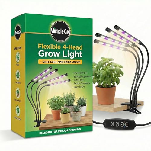 Miracle-Gro LED Grow Light for Indoor Plants 4-Head | Selectable Spectrum Clip On Plant Light with Timer & Dimmable Modes | Flexible Gooseneck Lamp for Seed Starting, Succulents, Herbs & House Plants